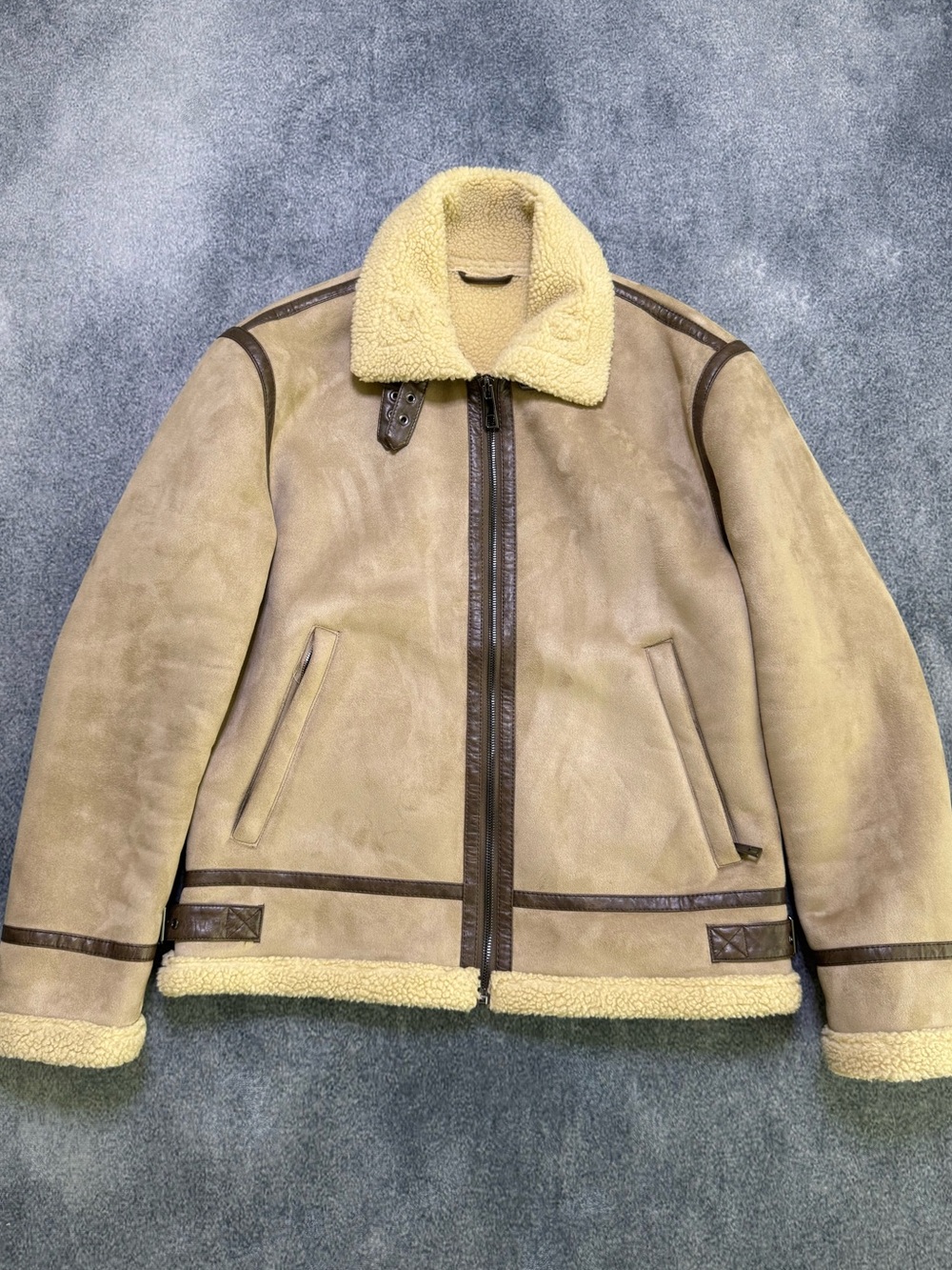 Zara Beige Shearling-Lined Bomber Jacket with Brown Trim